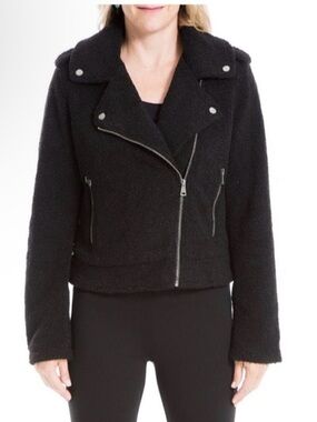 NWT Max Studio Teddy Sherpa Moto Jacket Black Faux Shearling Coat Size Small